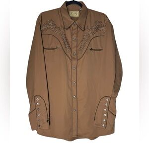 Scully Western Cowboy Shirt Sz Large Scully Brown Embroidered Rodeo Pearl Snap
